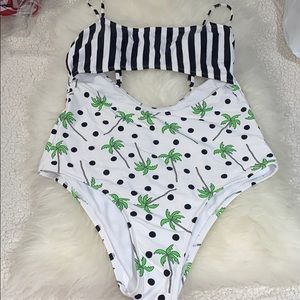 Lolli White One-Piece with Black Stripes and Green Palm Print